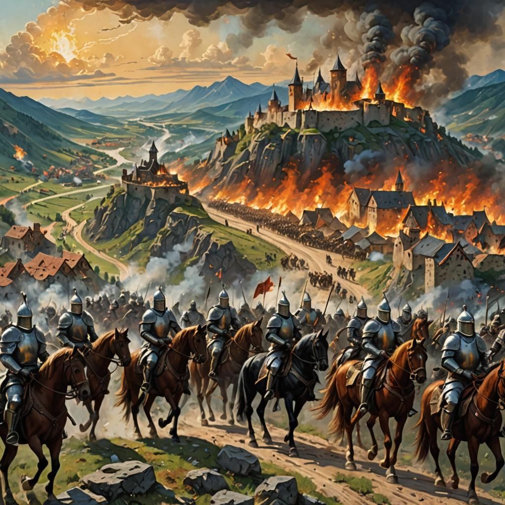 Knights Observe Burning Village After Raid