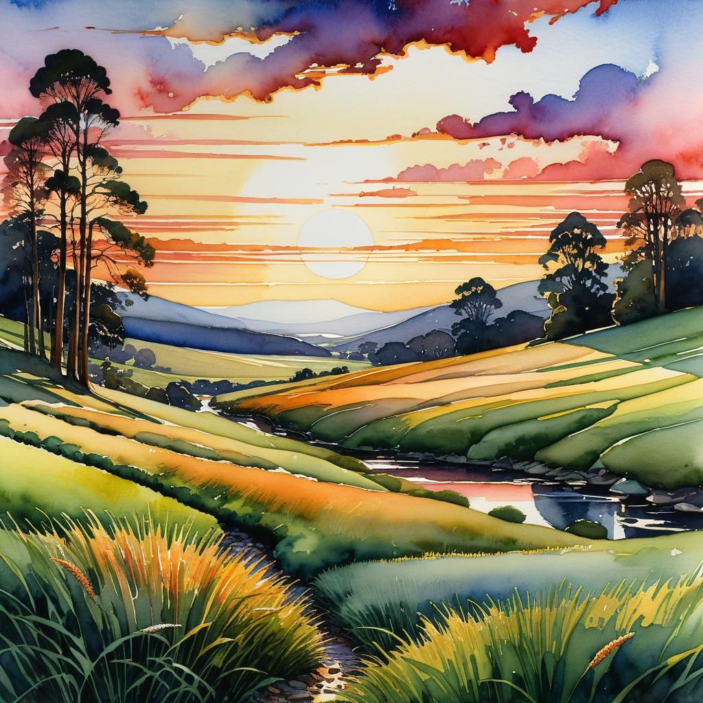Watercolor Sunset Valley in Pre-Raphaelite Style