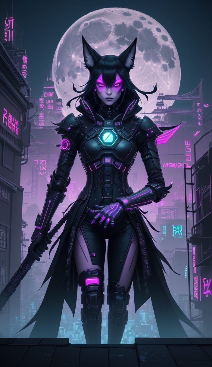 Neon Witch Cyber-Broom Ride Over Rune-Lit City