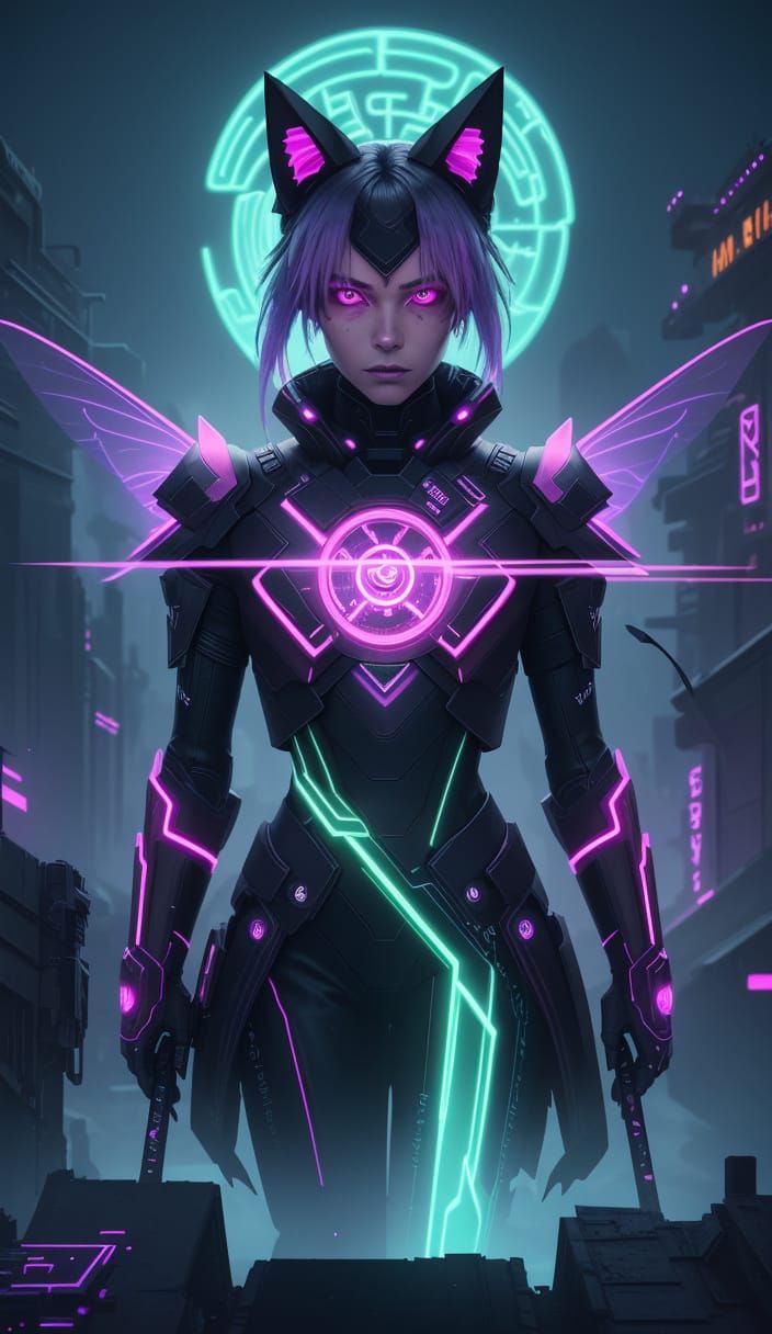 Neon Witch on Cyber-Broom Over Rune-Lit City