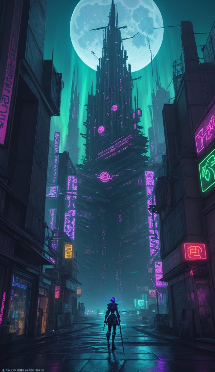 Neon Witch on Cyber-Broom Over Rune-Lit City