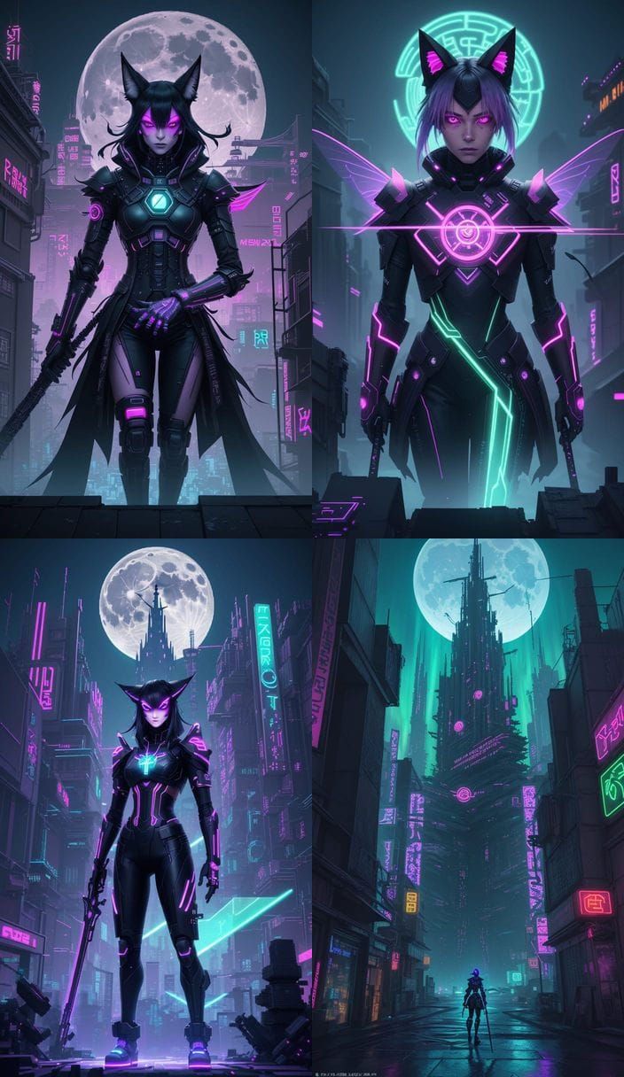 Neon Witch on Cyber-Broom Over Rune-Lit City