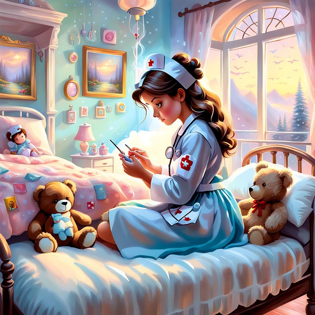 Nurse Checking Teddy Bear in Whimsical Airbrush Style