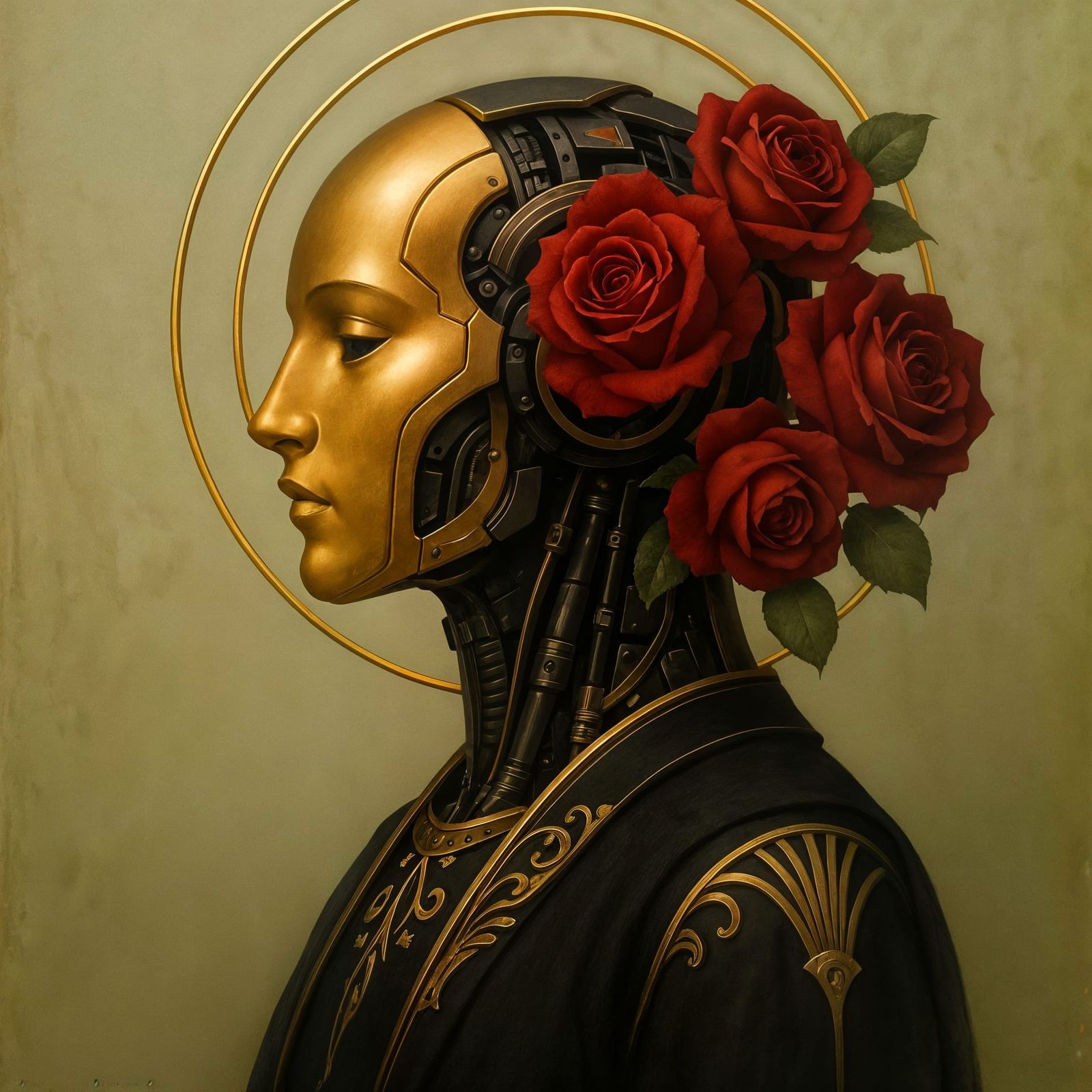 Art Deco Robot with Roses in Cyberpunk Style