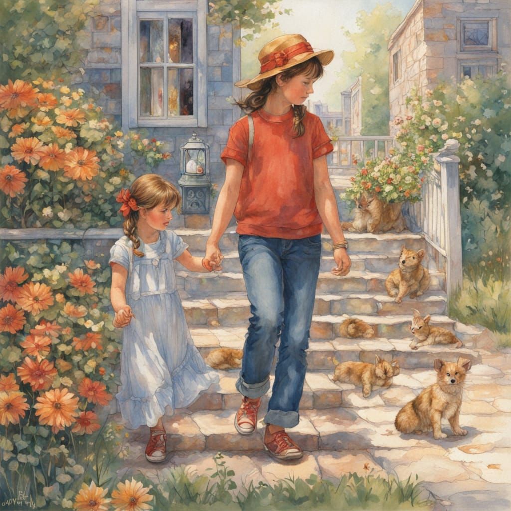 Whimsical Sisters' Journey in Dreamlike Landscape