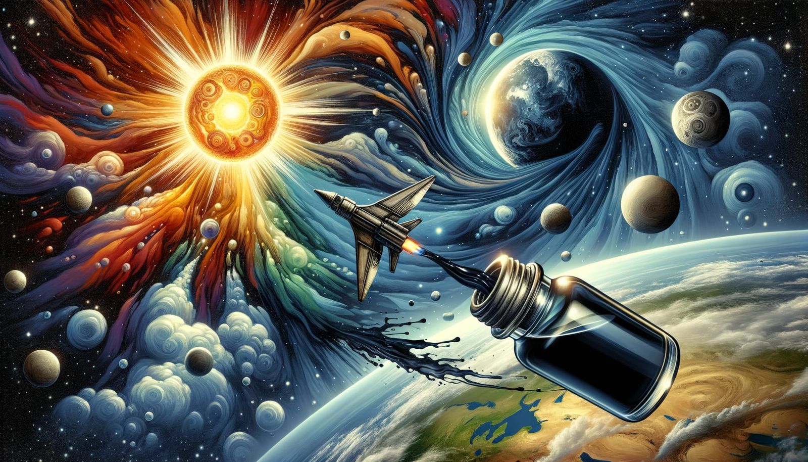 Surreal Spaceship Zooms Through Inky Cosmos