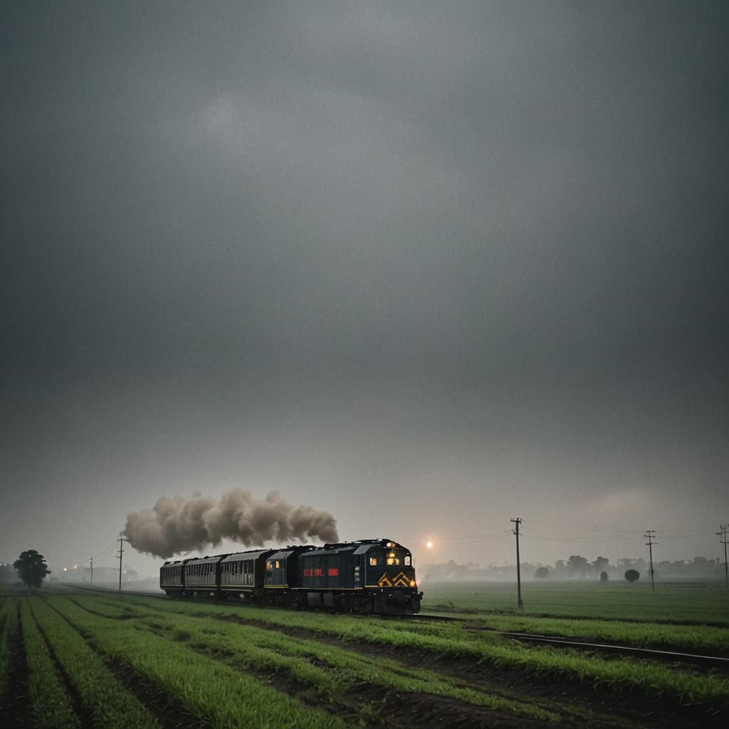 Train Through Fields on Gloomy Night