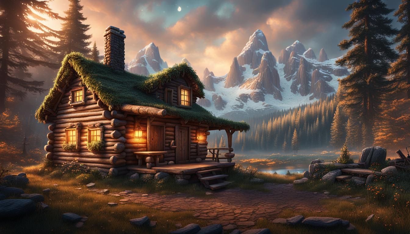 Cozy Wilderness Cabin in Detailed Matte Painting