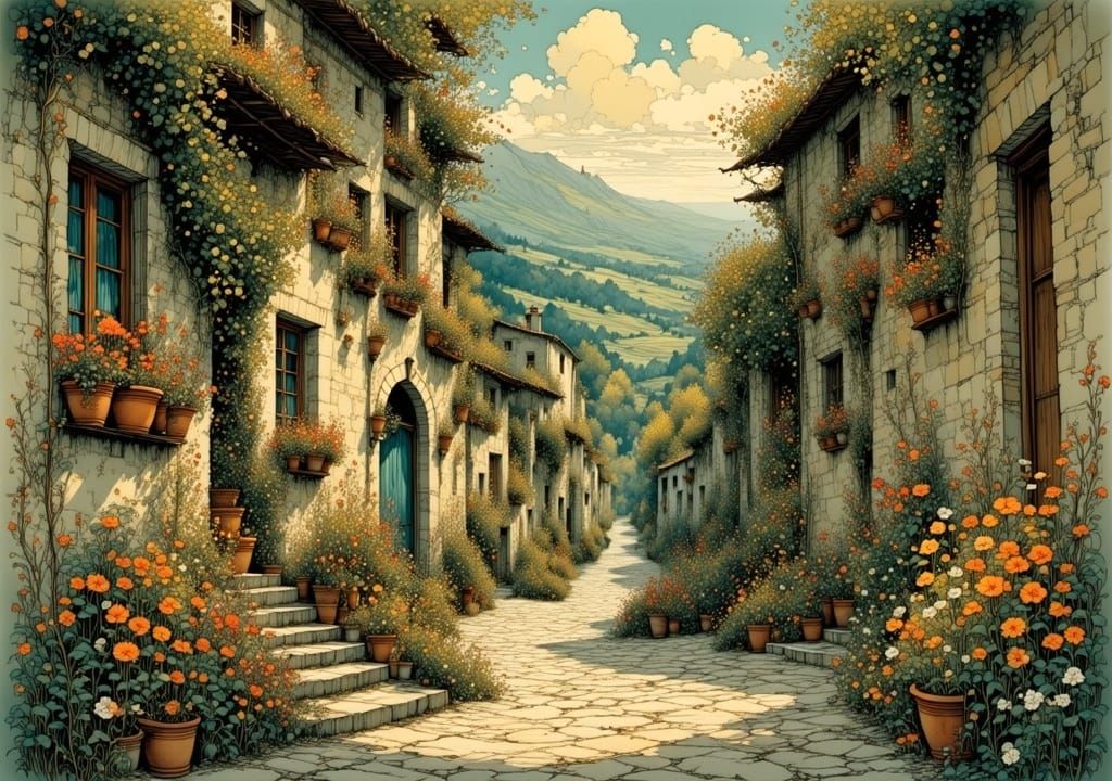 Mediterranean Alley with Flowers and Sleeping Cat