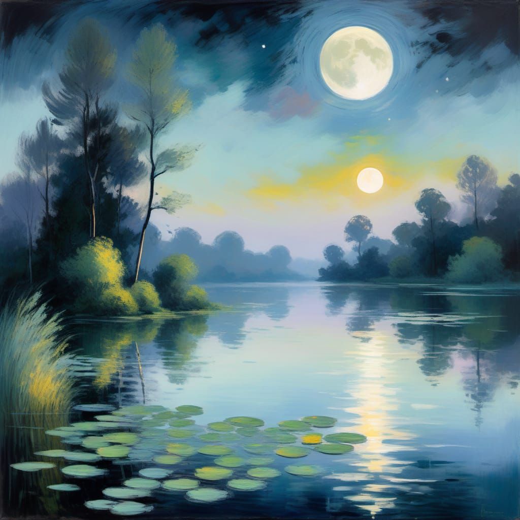 Dreamy Moonlit Lake Scene in Impressionist Style