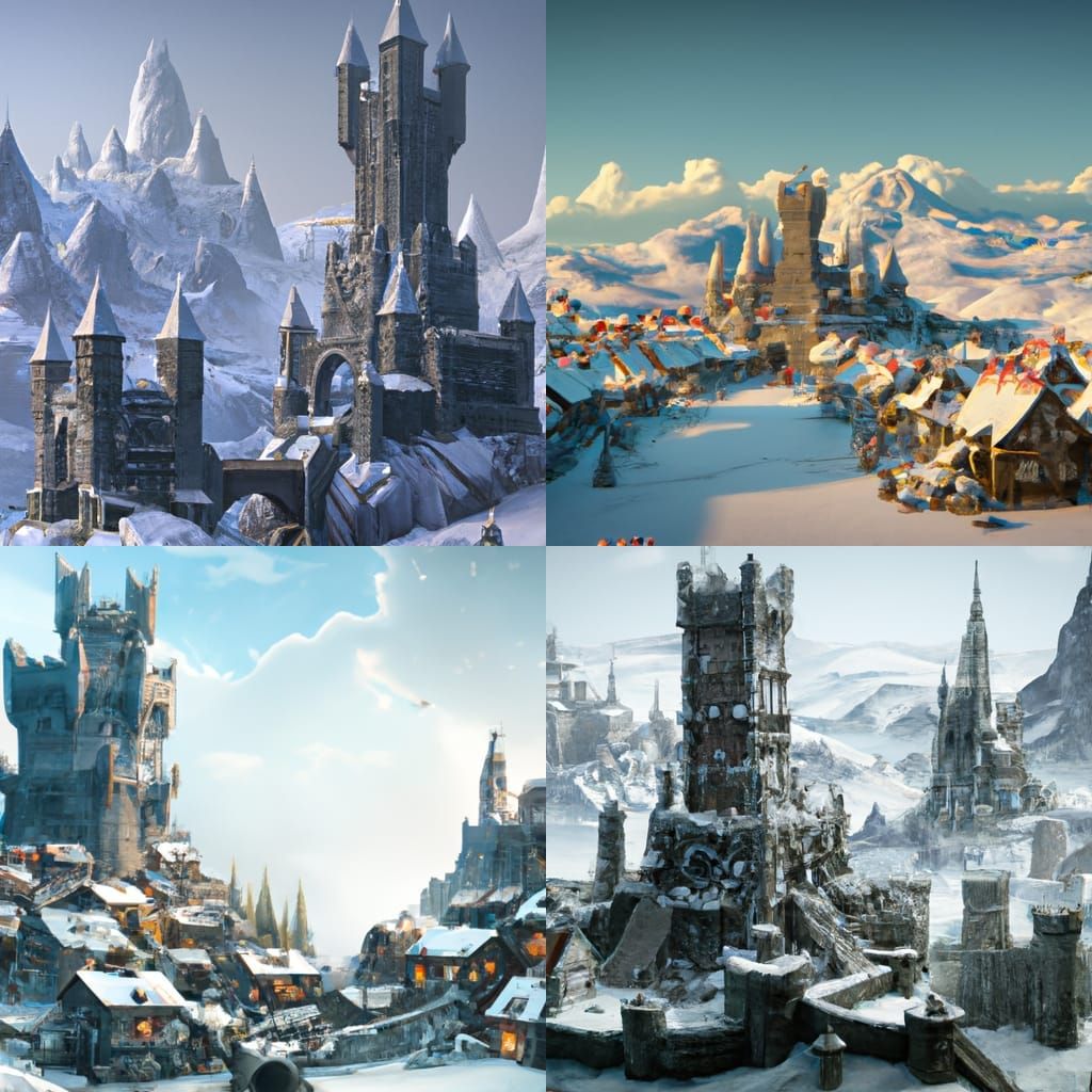 Snowy Medieval Castle and Village: Fantasy Concept Art