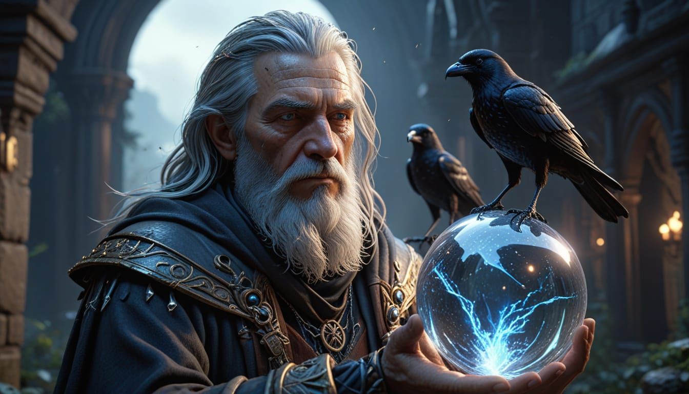 Wizard Boy With Crow Magic Emerging From Shimmering Ball