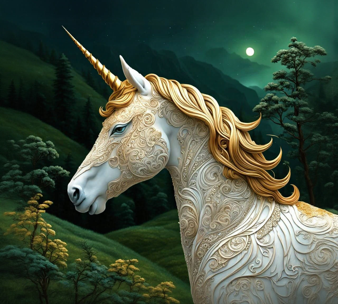 Majestic Unicorn on Hillside Under Moonlight