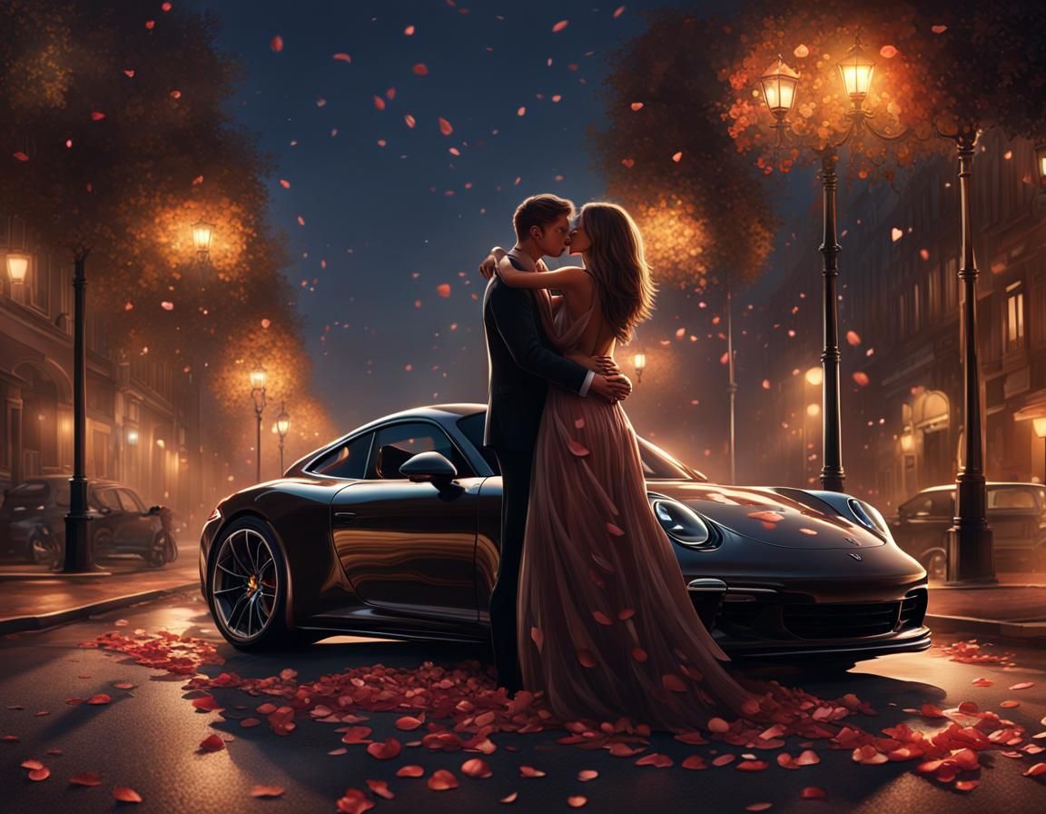 Romantic Night: Couple, Porsche, and Flower Petals