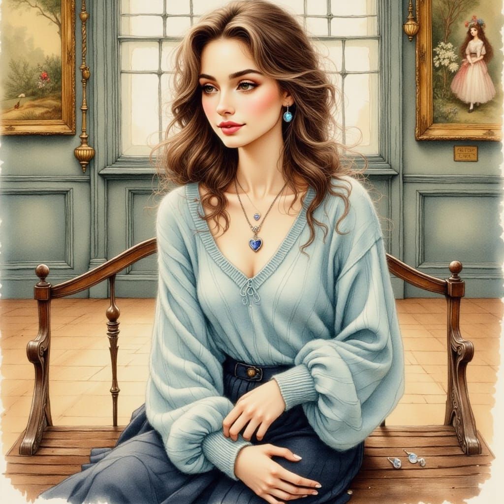 Elegant Museum Portrait in Whimsical Ink Drawing Style