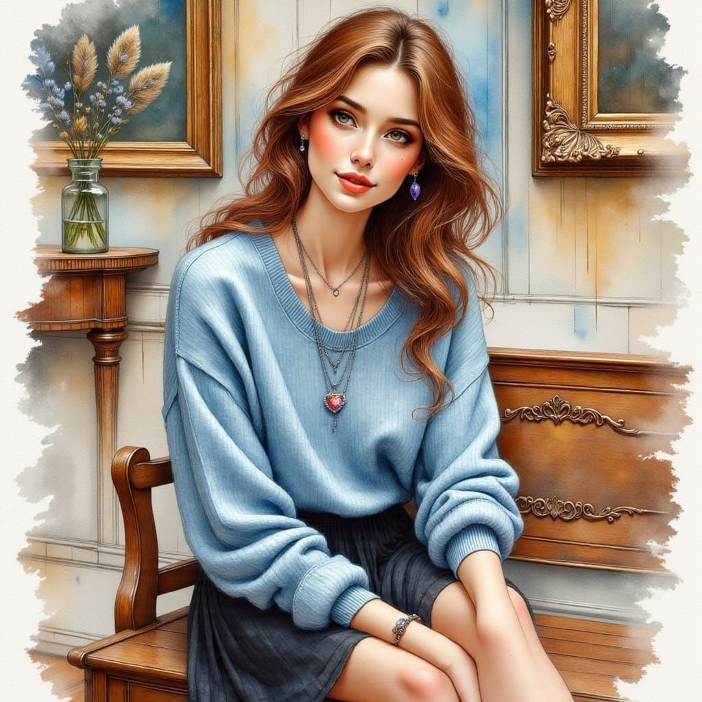 Elegant Young Woman in Art Museum