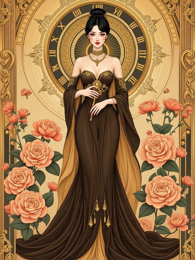 Regal East Asian Woman in Art Nouveau Style