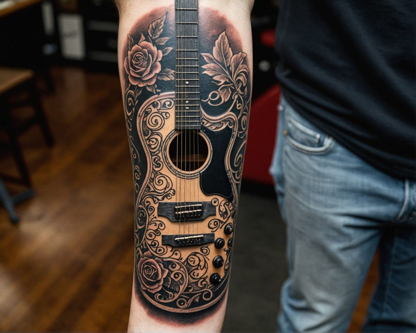 Detailed Guitar Tattoo on Forearm in 8K