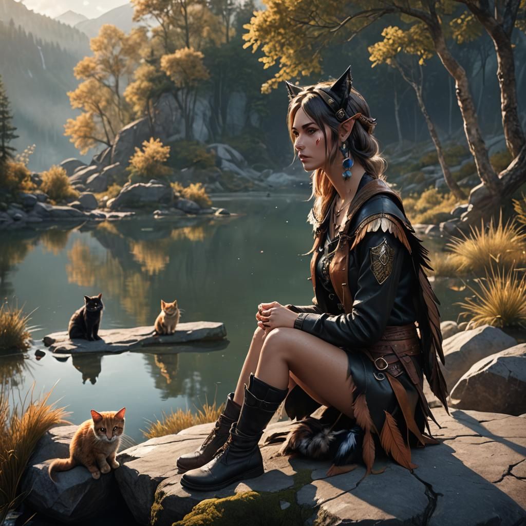 Cat-Eared Huntress Overlooking Tranquil Lake