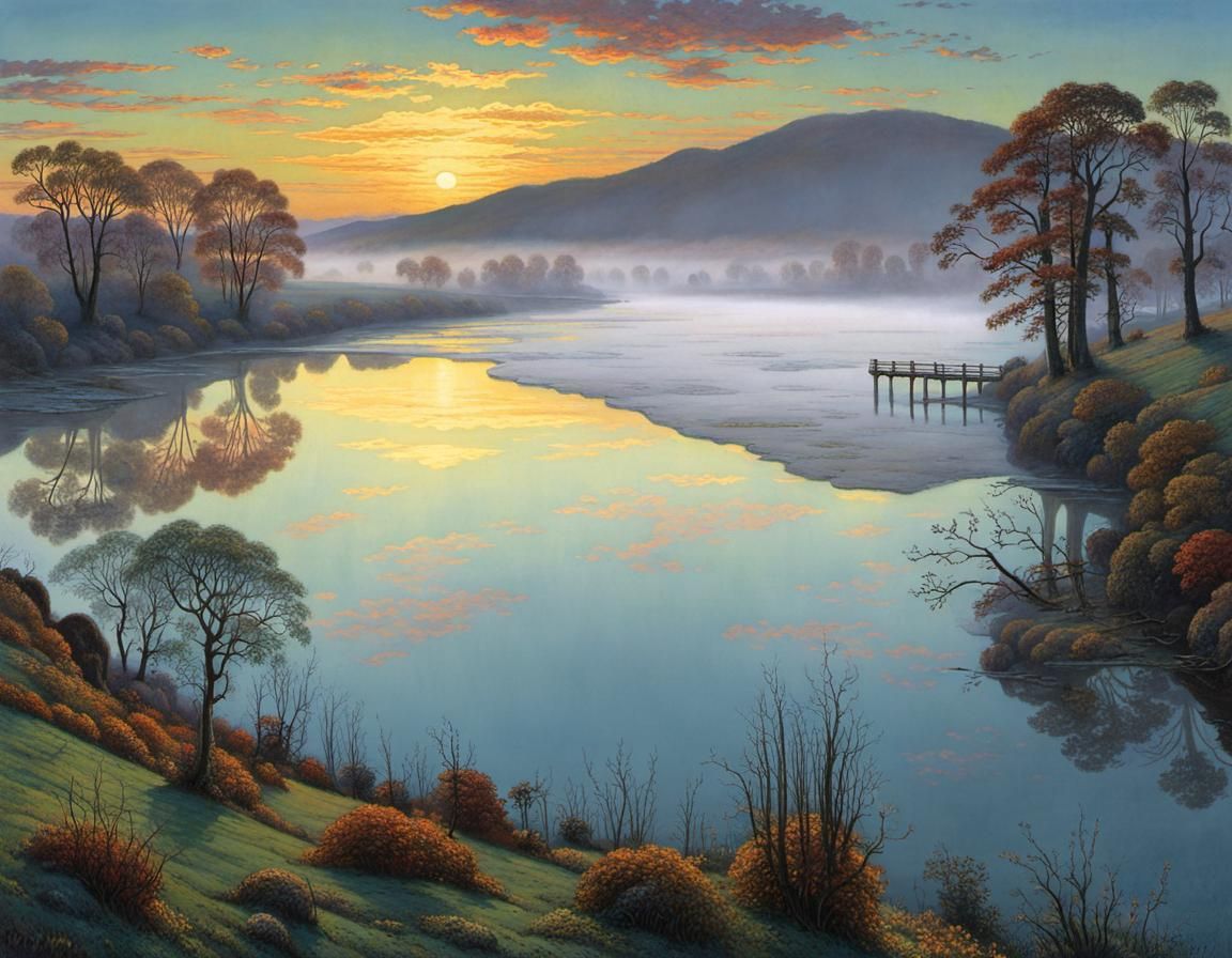 Autumnal River Valley with Fog, Intricate Details