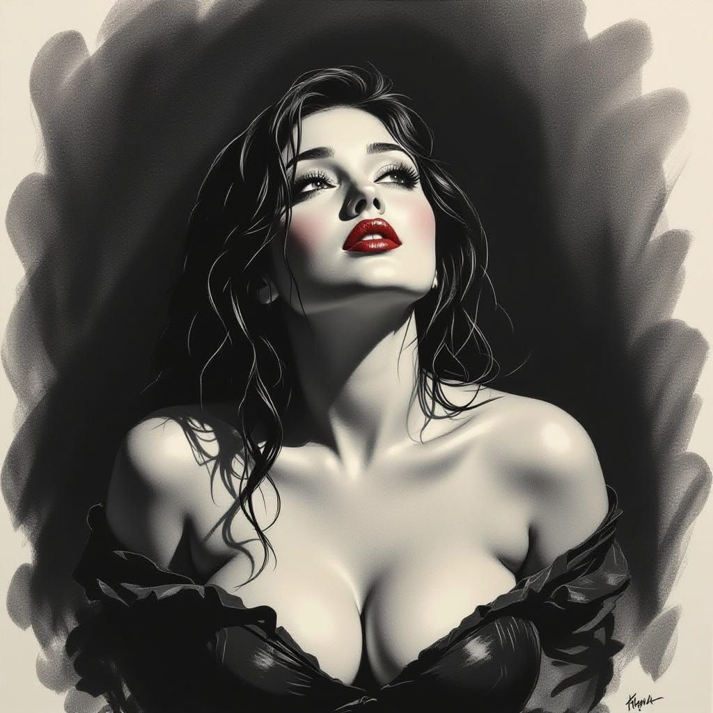 Woman With Wet Hair In Dramatic Charcoal Drawing