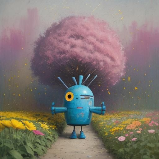 Cute Robots in Flower Garden: Impasto Oil Painting