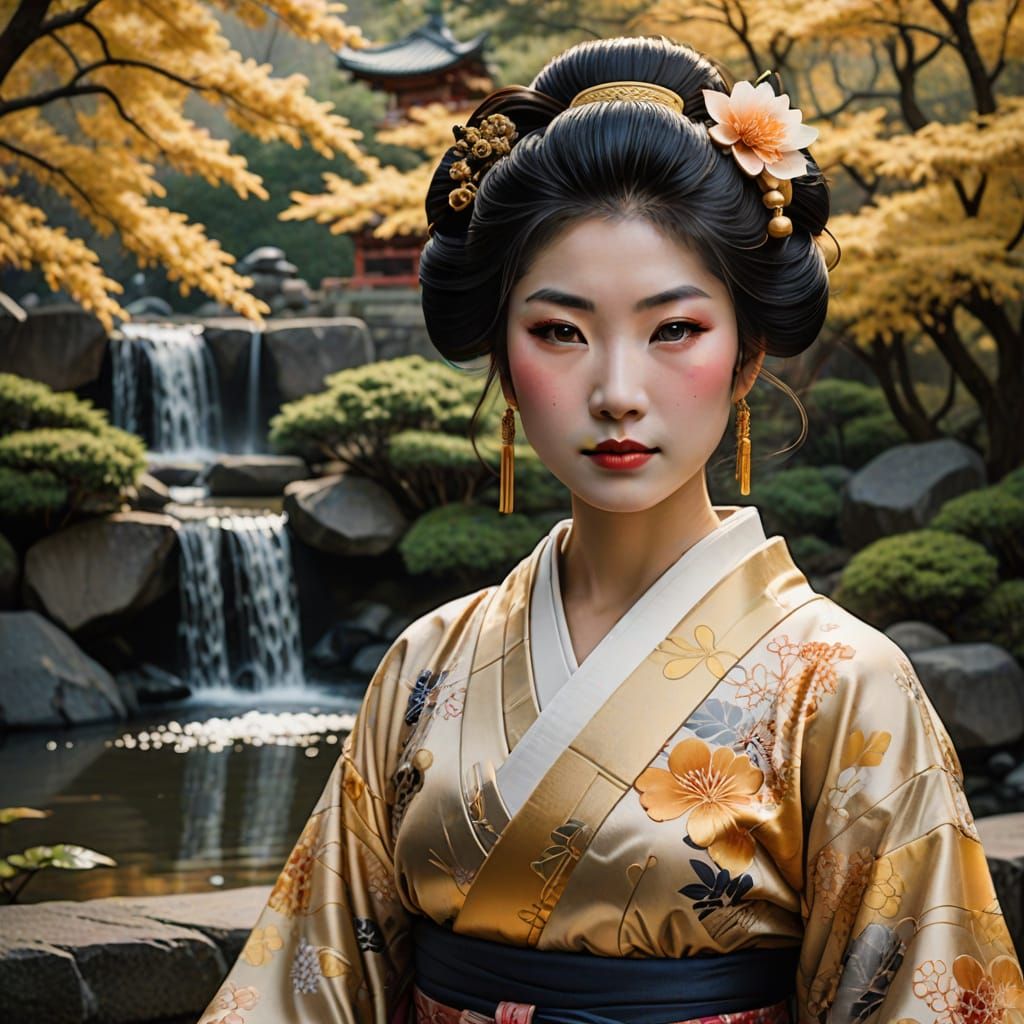 Cheerful Geisha in Japanese Ink and Watercolor Garden