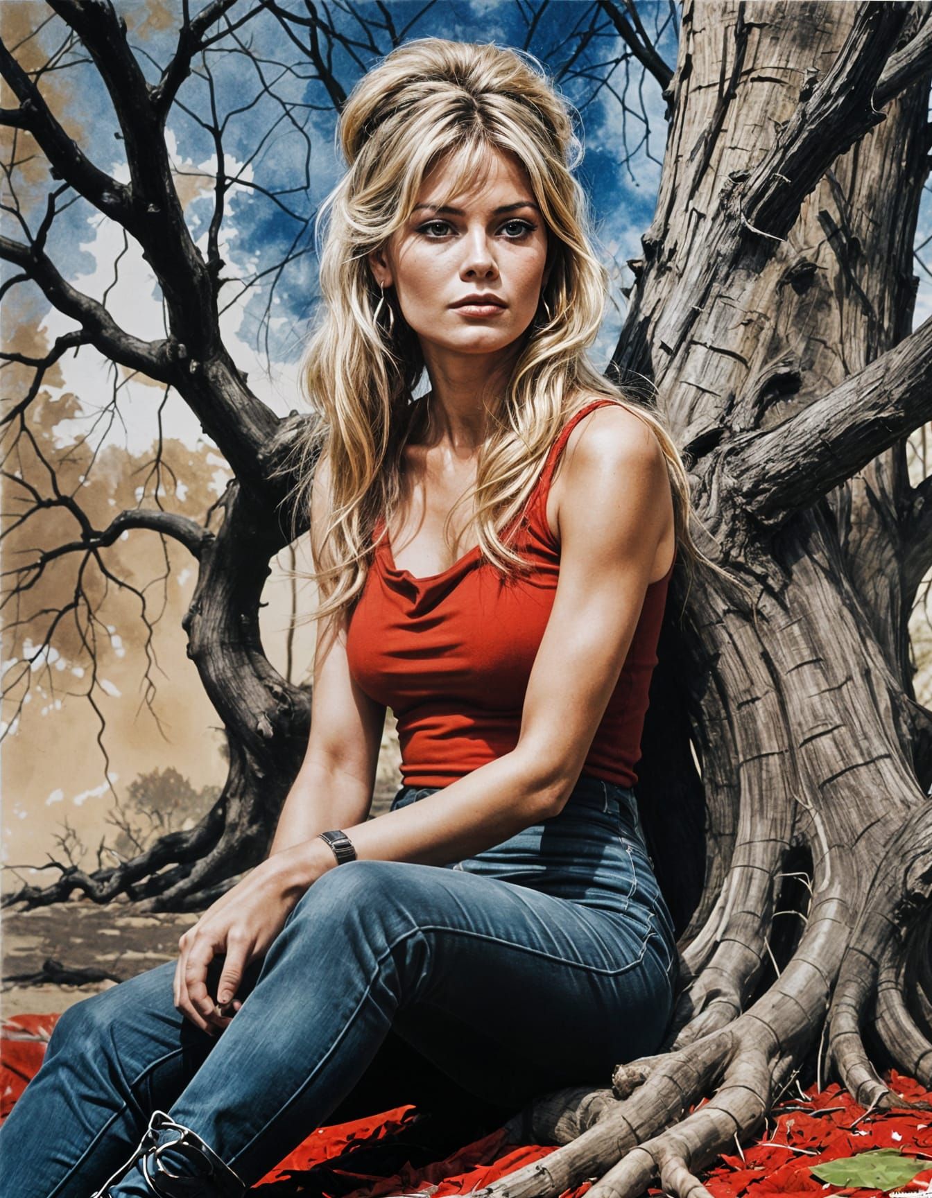 Melancholic Woman in Red: An Abstract Ink Painting