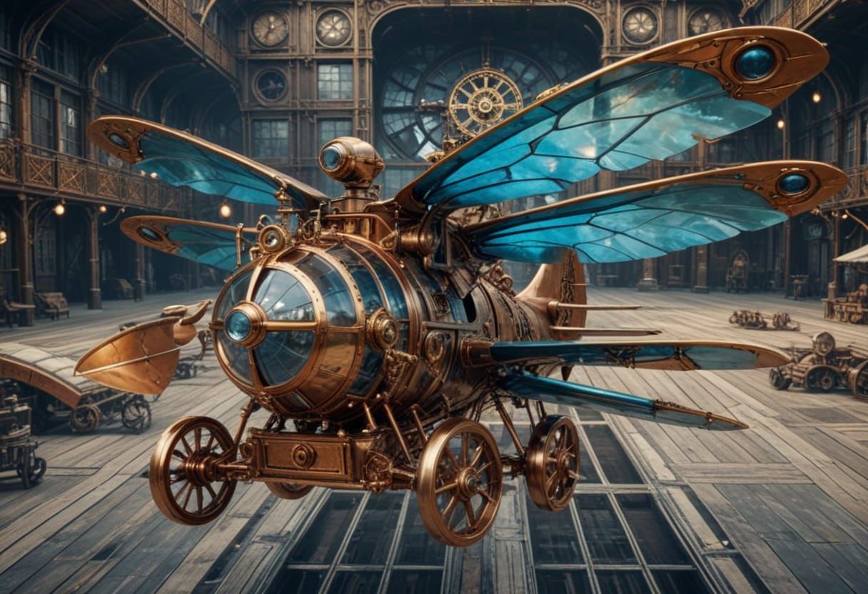 Steampunk Ornithopter with Dragonfly Wings in Flight