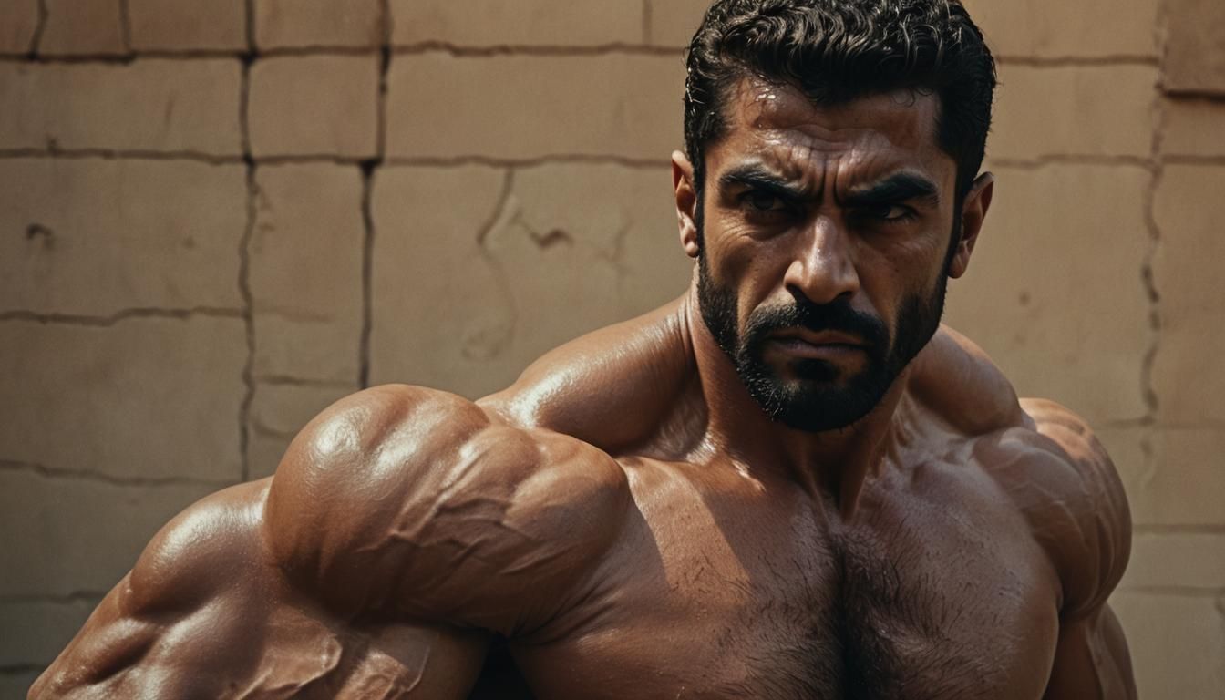 Middle Eastern Bodybuilder: Cinematic Film Still