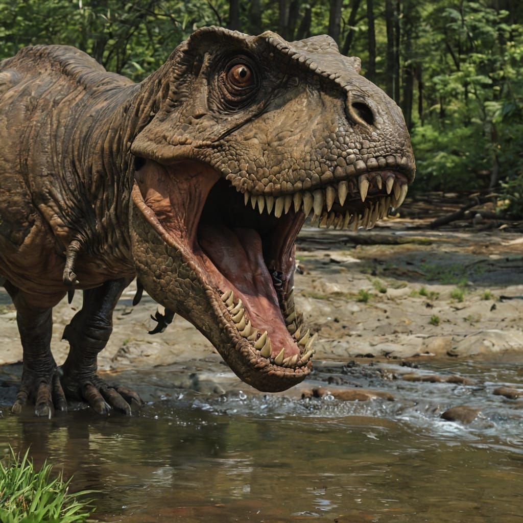 Hyperrealistic T-Rex at Watering Hole in Cinematic Style