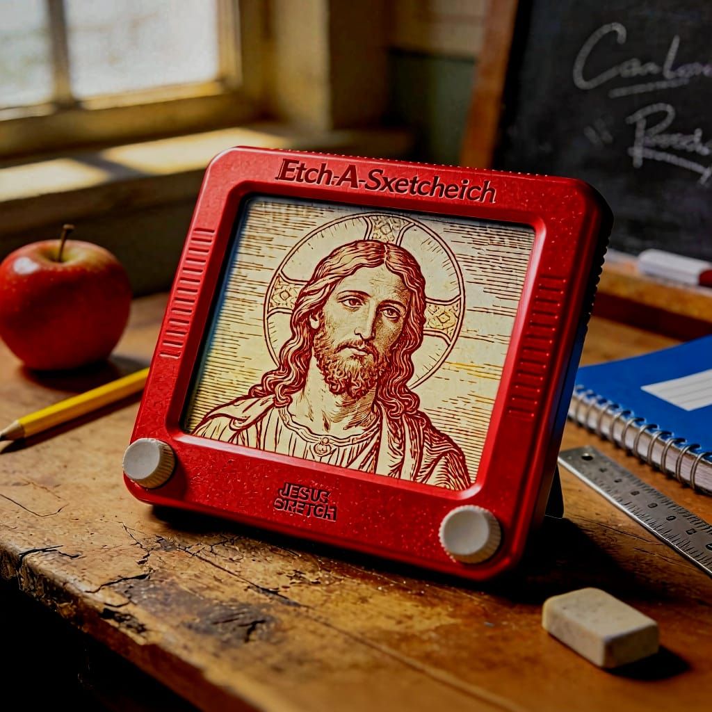 ​"Etch A Sketch toy drawing of Jesus Christ"