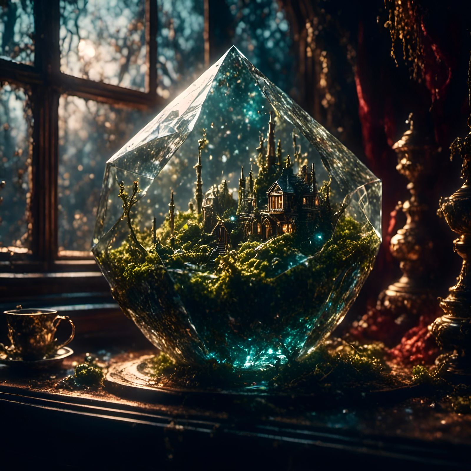 Mossy Diamond Inside Teacup on Windowsill
