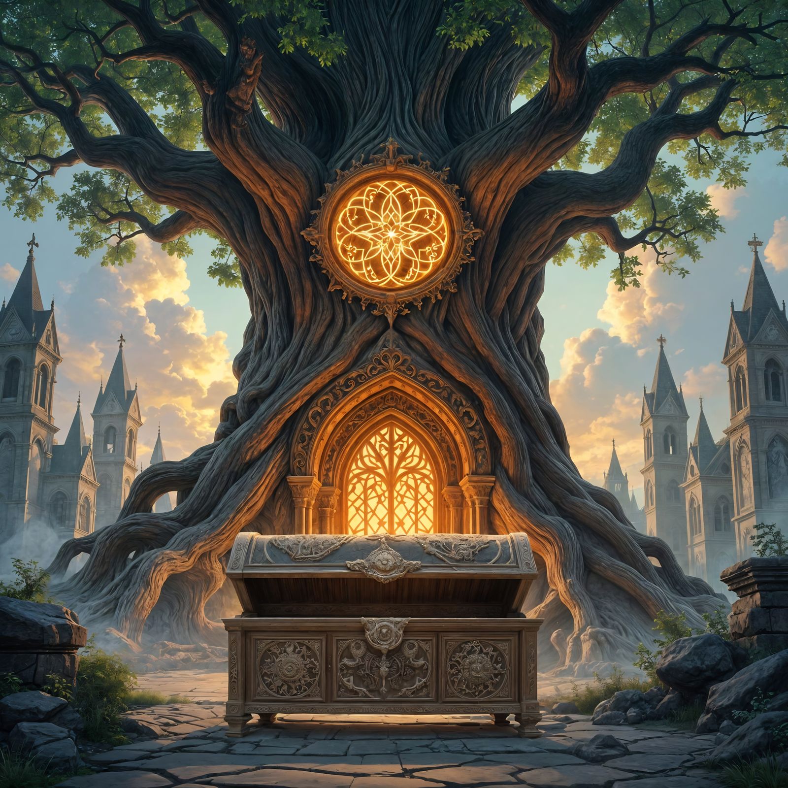 Fantasy Red Panda Knight Guarding Enchanted Cathedral Oak