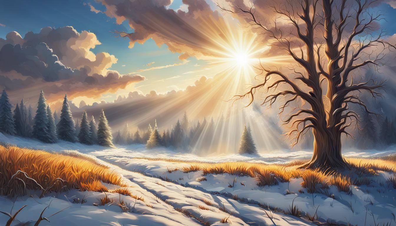 Sunlit Winter Meadow Under a Heavenly Sky