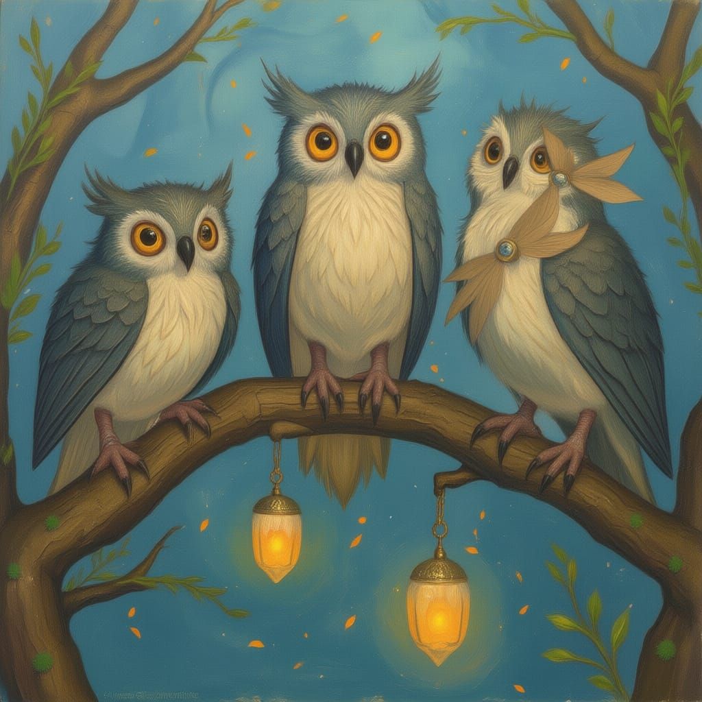 Enchanted Owls with Glowing Eyes and Floating Lanterns