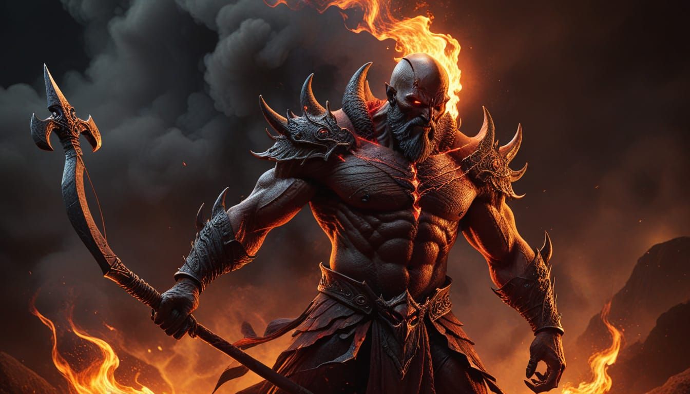 Red Demon with Trident and Cigar in Fiery Landscape