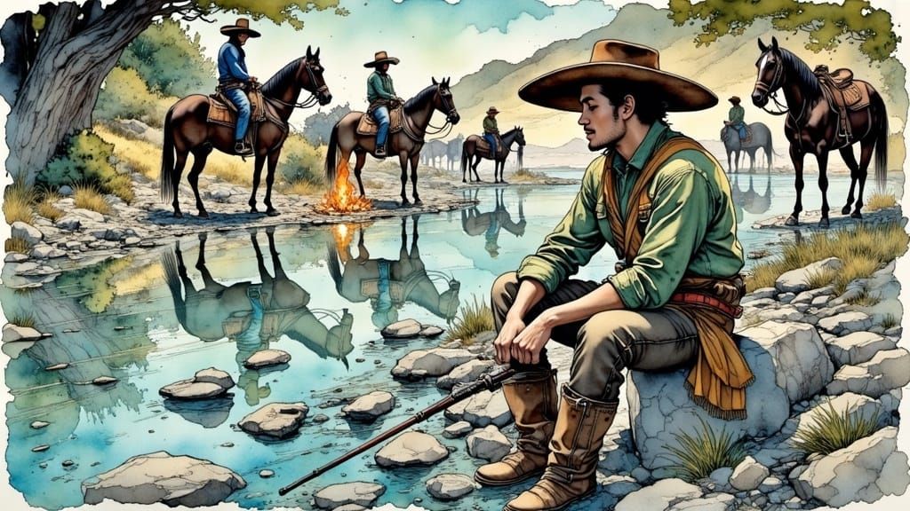 Vibrant Wild West Scene in Comic Book Style Watercolor