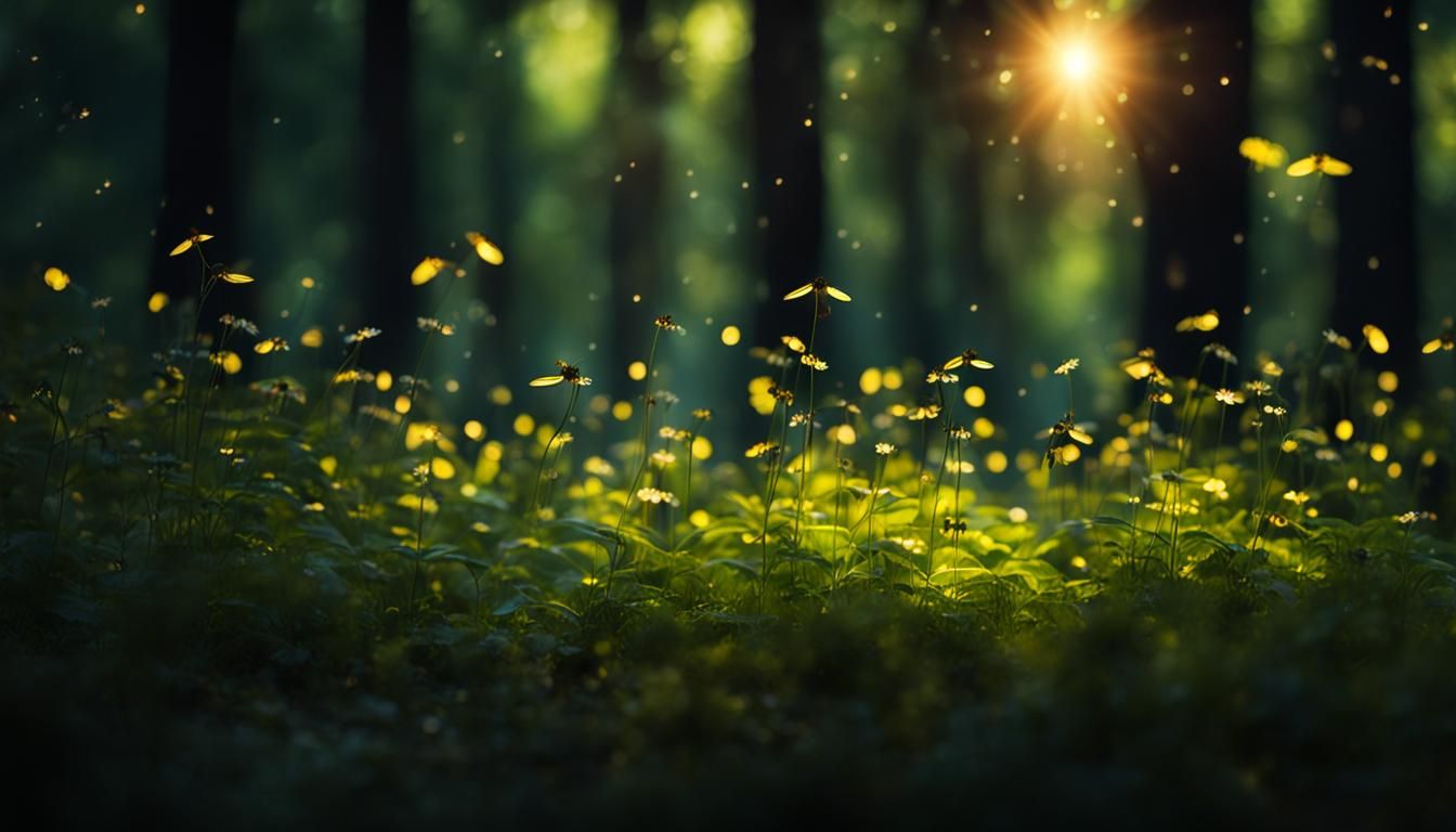 Fireflies Glow in Forest: Panoramic Nature Photography