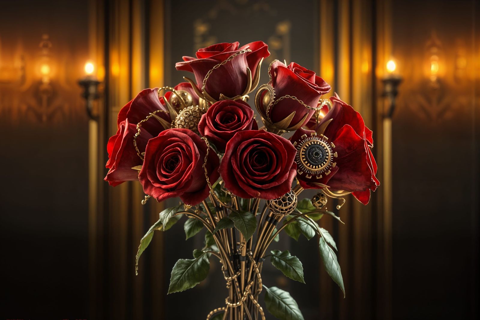 Biomechanical Red Roses in Opulent Art Deco Style