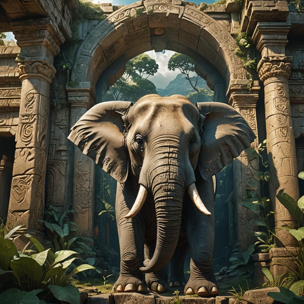 Elephant Portrait Amidst Ancient Jungle Ruins