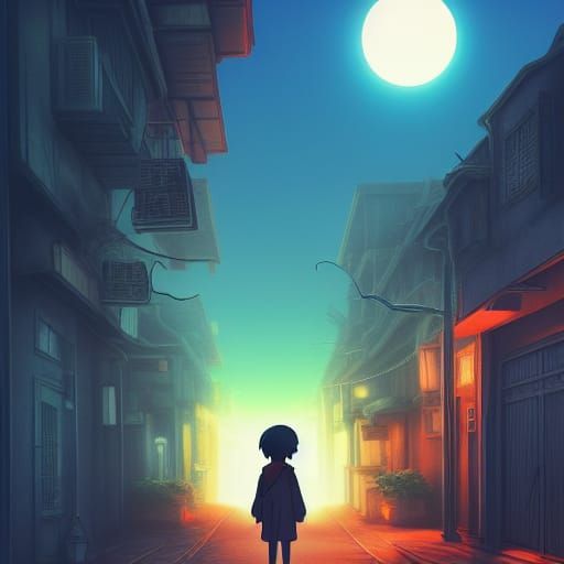 Spooky Orange Street in Anime Style