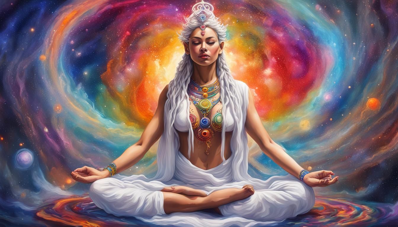 Goddess Meditating in Galaxy: Colorful Chakra Activation