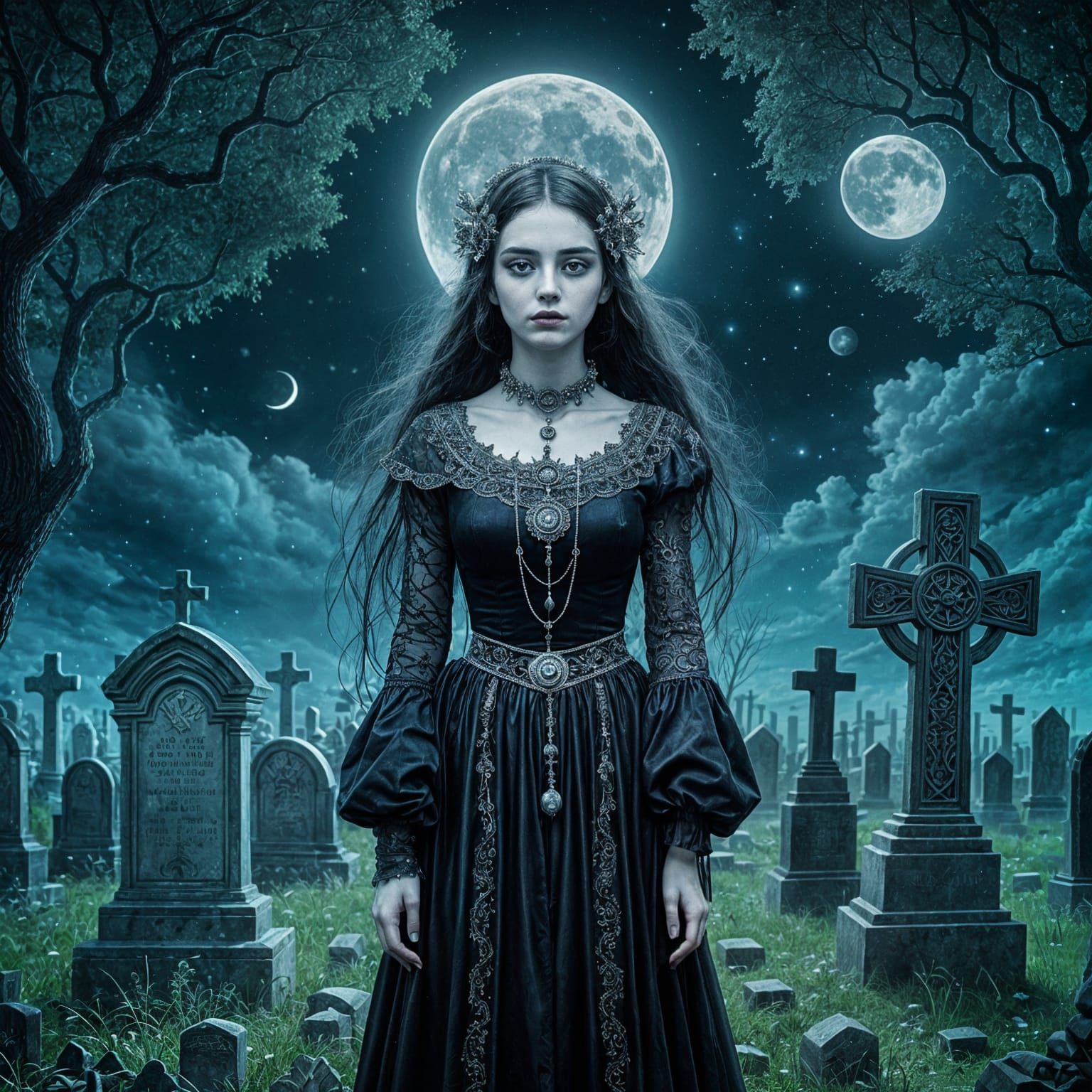 Gothic Woman in Moonlit Graveyard, Inspired by Klimt and Bur...
