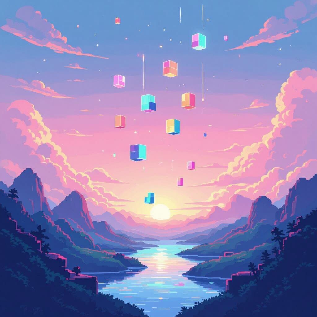Dreamy Pastel Pixel Art Landscape with Falling Blocks