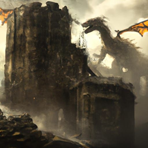 Fantasy Dragon in Castle Ruins Amidst Storm