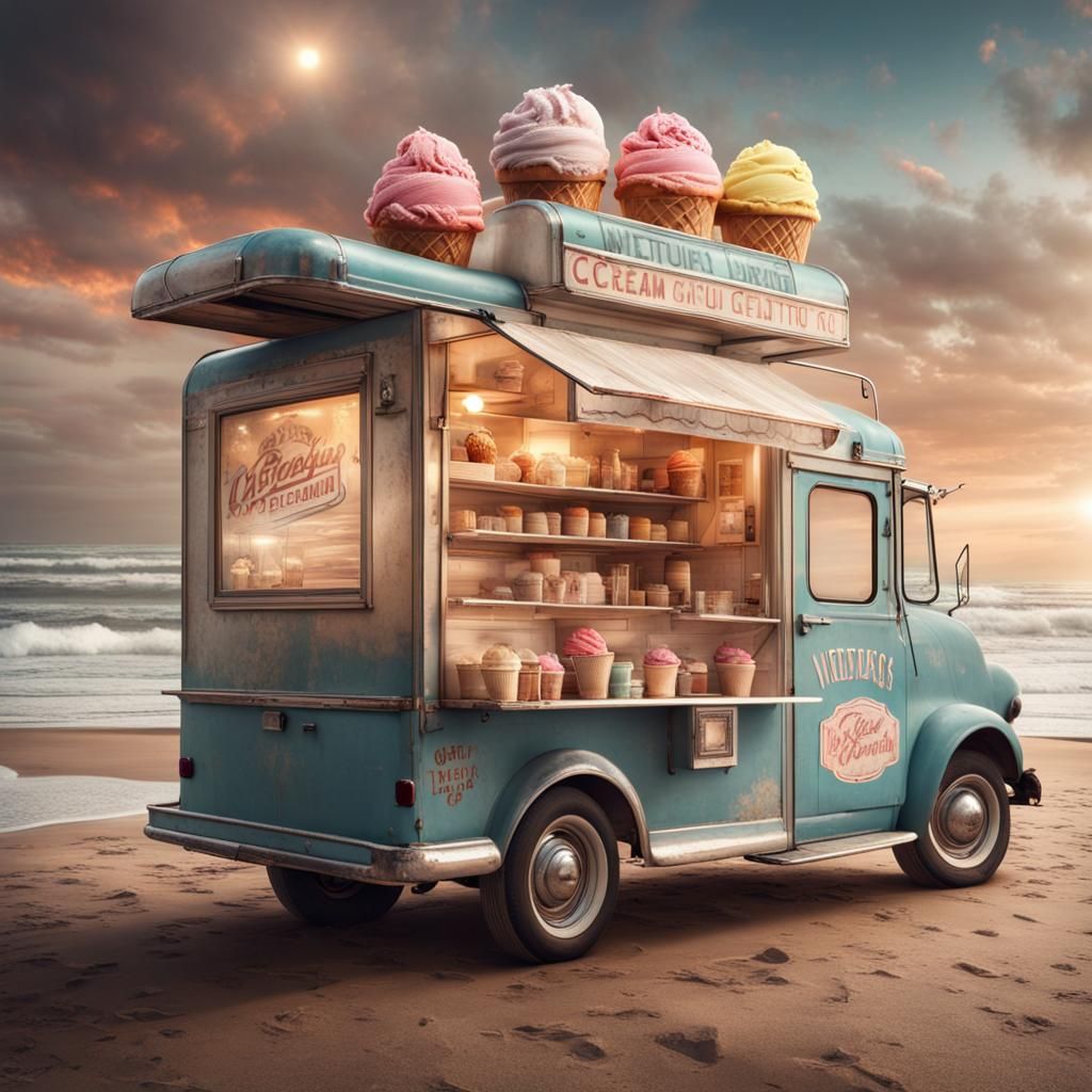 Vintage Ice Cream Truck on a Beach: Digital Matte Painting