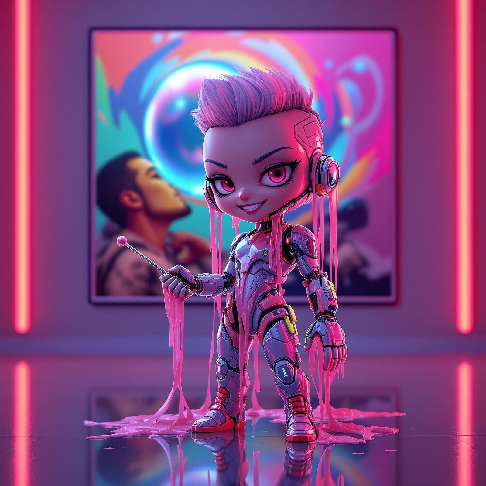 Sleek Cyberpunk Chibi Goddess in Bubblegum Wonderland