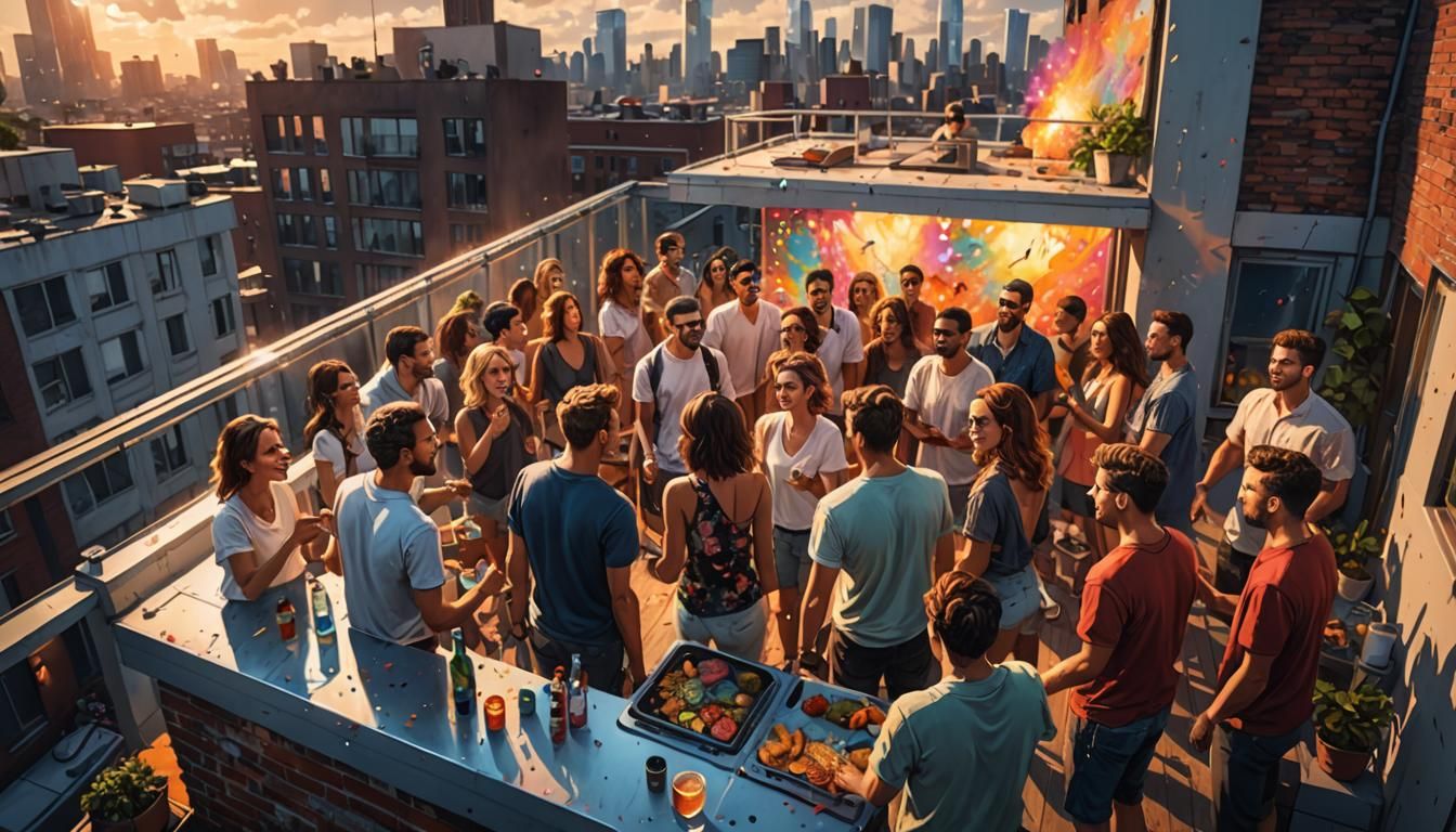 Hyperrealistic Rooftop Party: Urban Summer Celebration