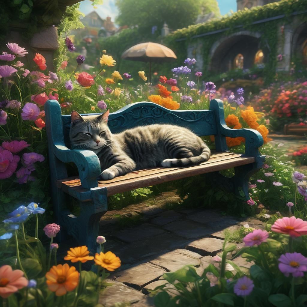 alcohol in painting of a cat sleeping on a bench in a lush, flower filled garden